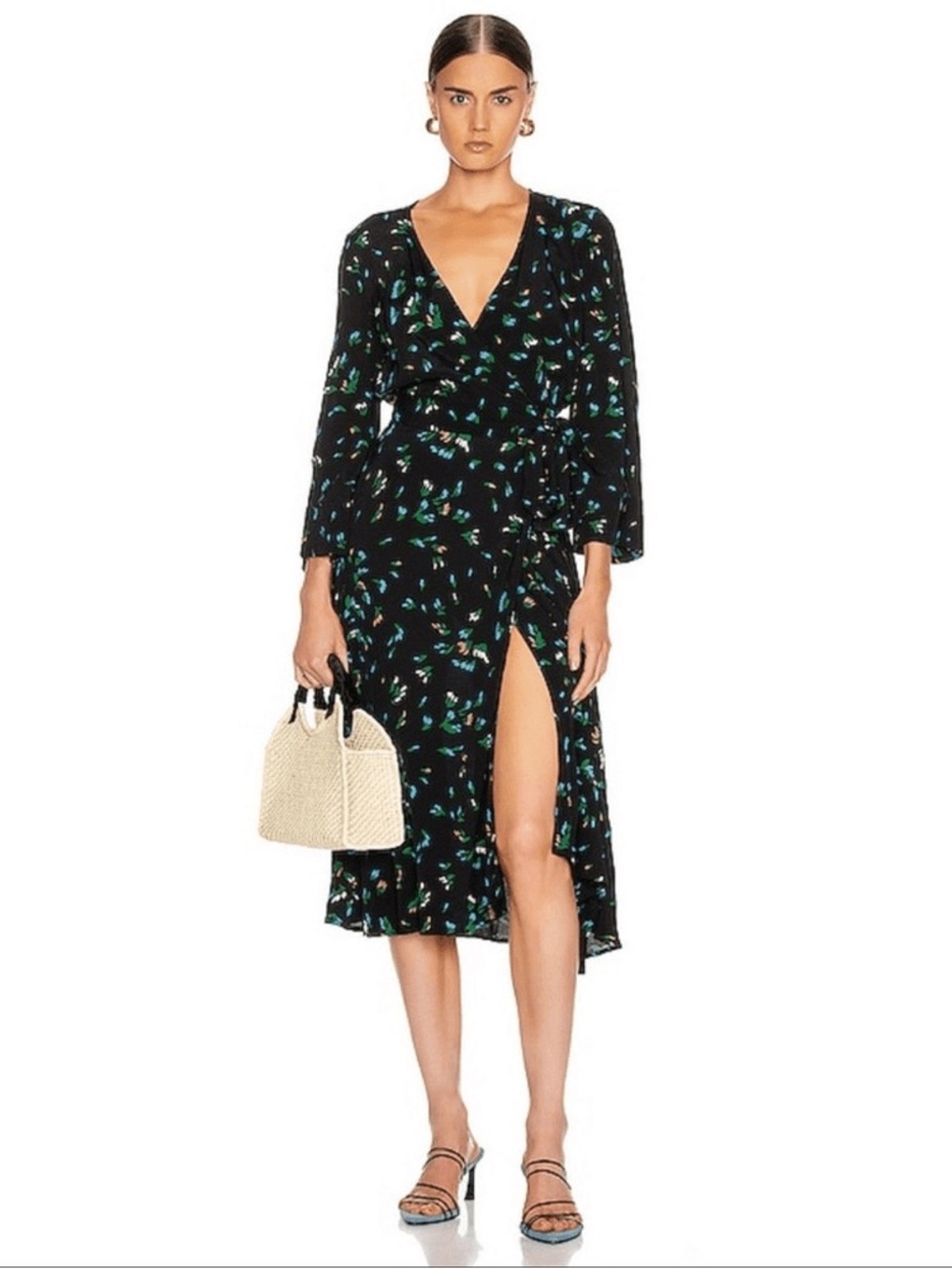 GANNI Printed Crepe Wrap Midi Spring Dress